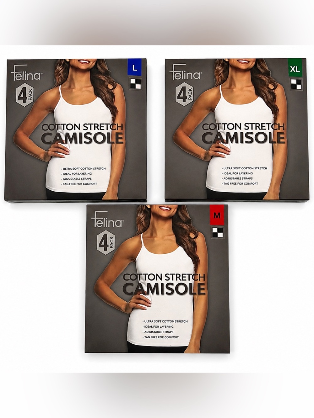 Felina Cotton Stretch Camisole 4-Pack 2 Black 2 White M L XL